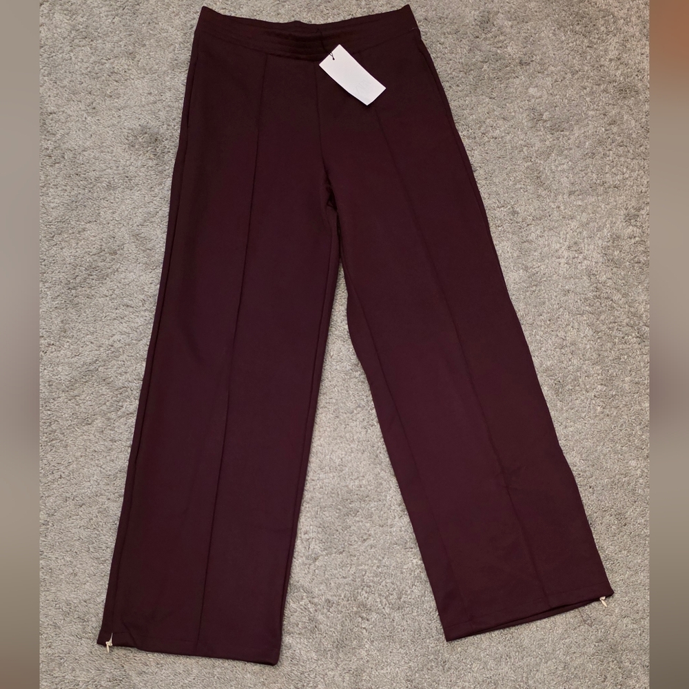 NWT Zara Dark Burgundy Wide Leg Pants with Zipper Hems - Size M